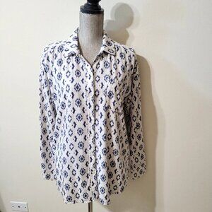 Splendid Womens White Blue Ikat Linen Blend Button Down Shirt L/S Top (EUC)